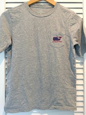 Vineyard Vines Gray Short Sleeve Red White Blue Logo Whale July 4th Sz 12-14